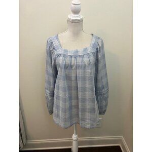 Light Blue White Lines Plaid 3/4 Sleeve Semi Sheer Top Size Large